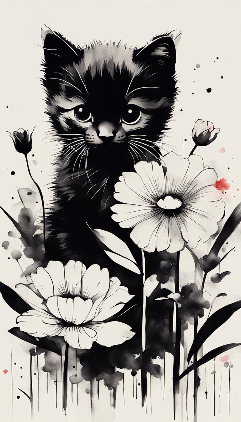 Minimalist Kitten Playing in Flower Garden