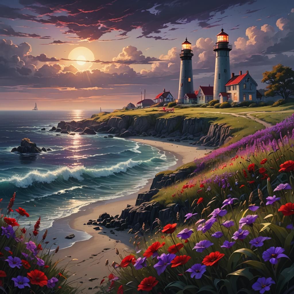 Lighthouse and Fields of Flowers by the Sea