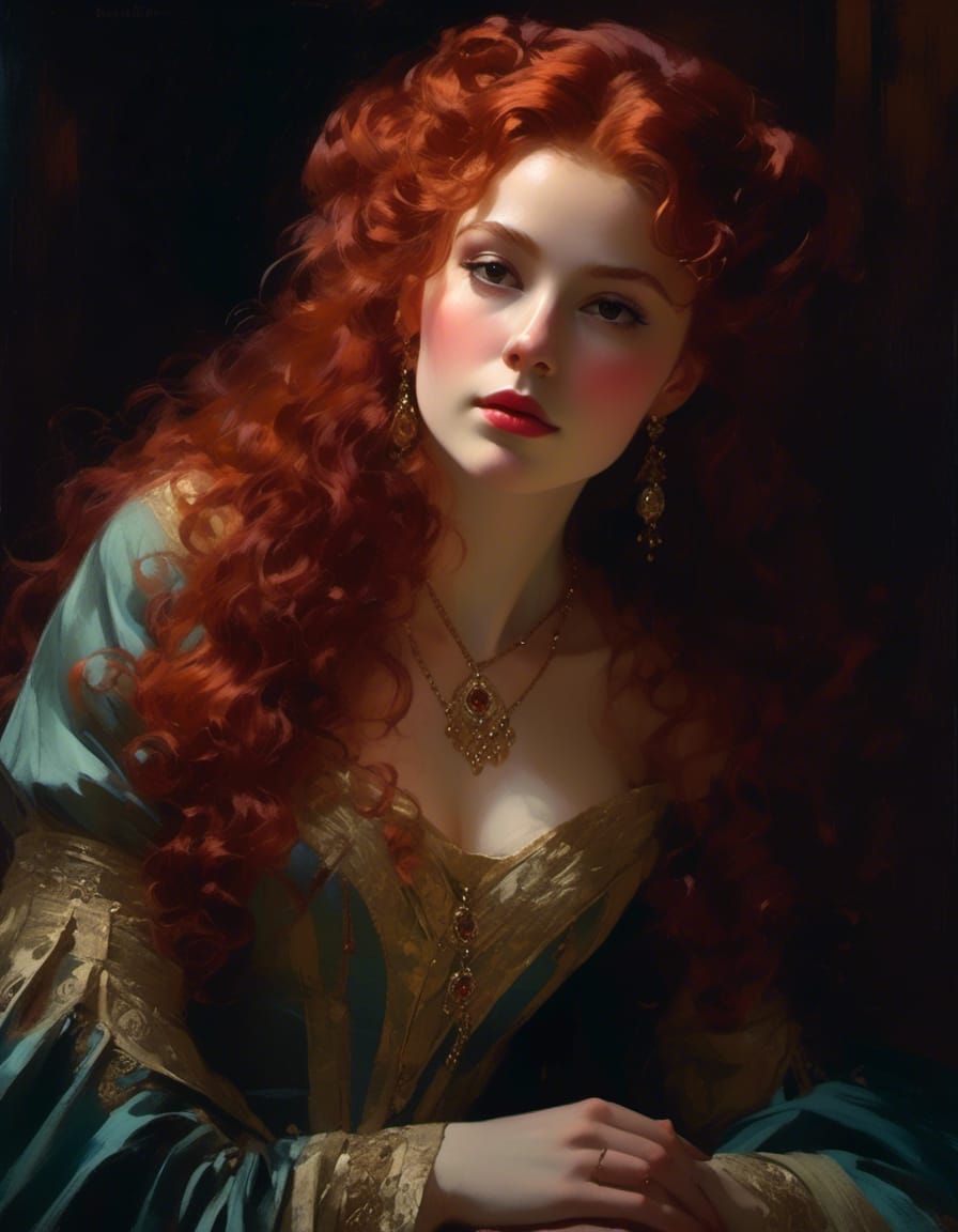 Victorian-Era Queen with Red Hair and Crimson Gown