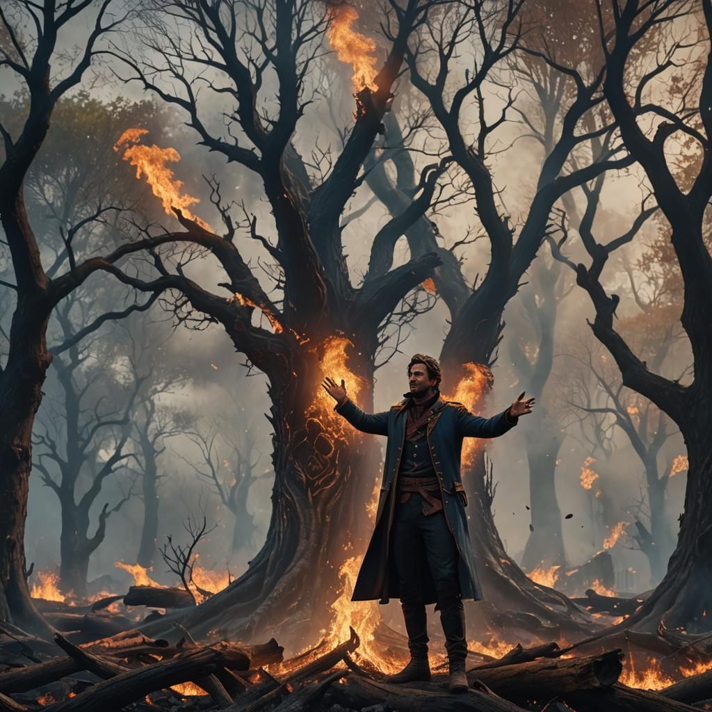 Man Waving Before Burning Tree in Matte Painting