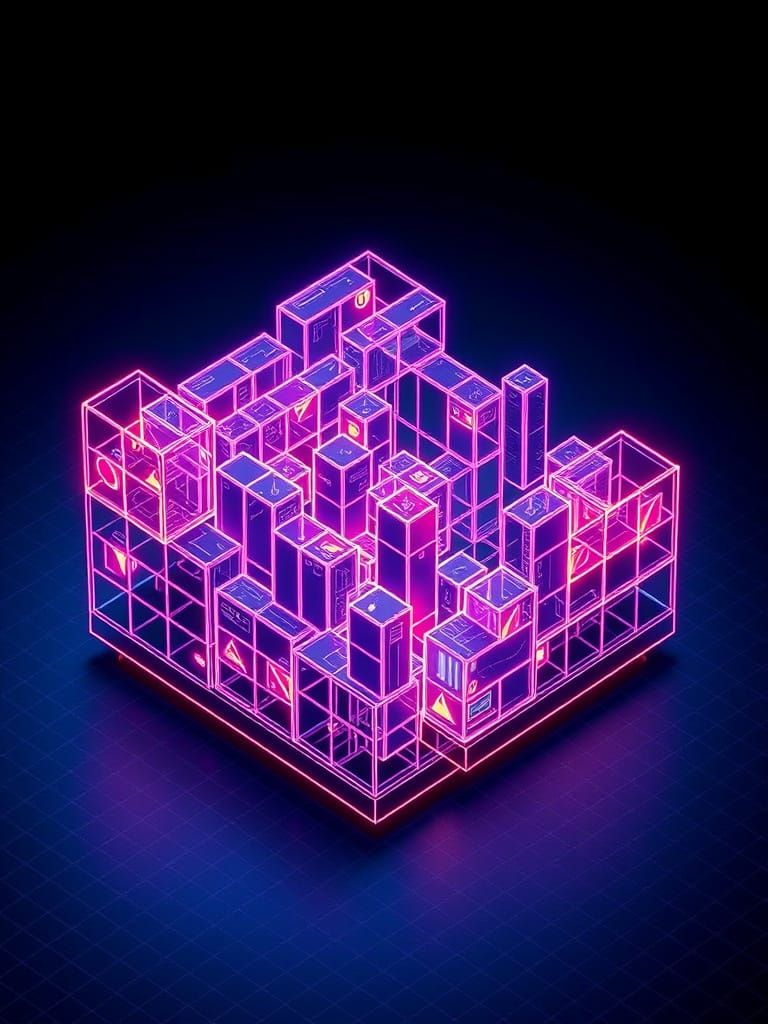 Exploded Wireframe Tetris Game in Cyberpunk 3D Style