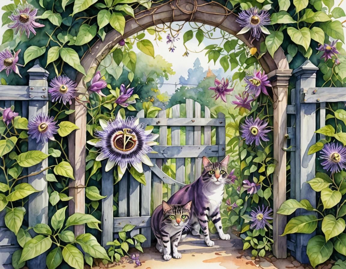 Watercolor Passionflower Vine with Cat and Garden Gate