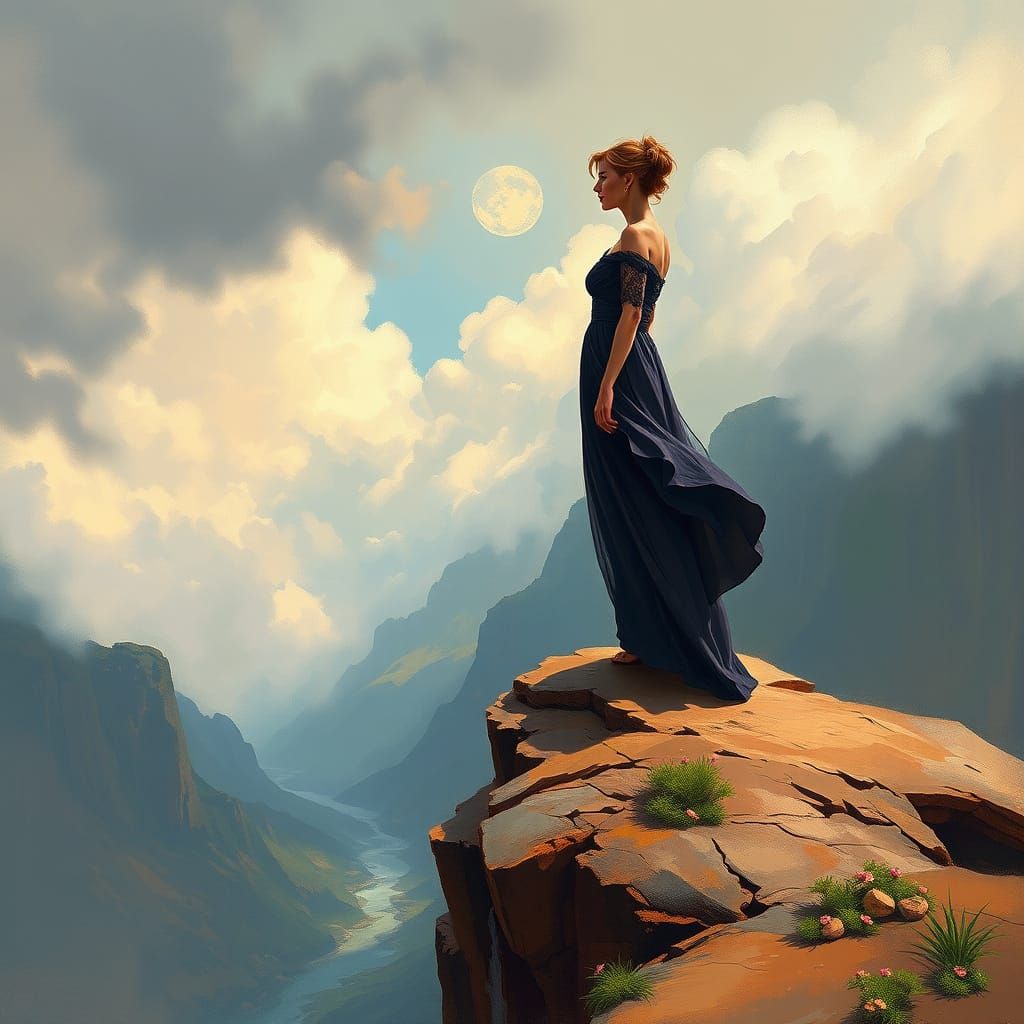 Elegant Woman on Windswept Cliff in Dramatic Landscape