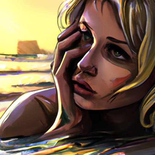 Sad Woman Crying on Beach at Sunset