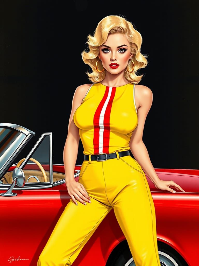 Glamorous Woman in Yellow Jumpsuit Poses with Convertible Ca...