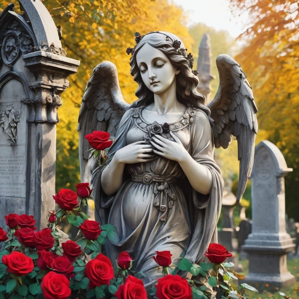 Majestic Gothic Angel Amidst Ancient Cemetery Blooms