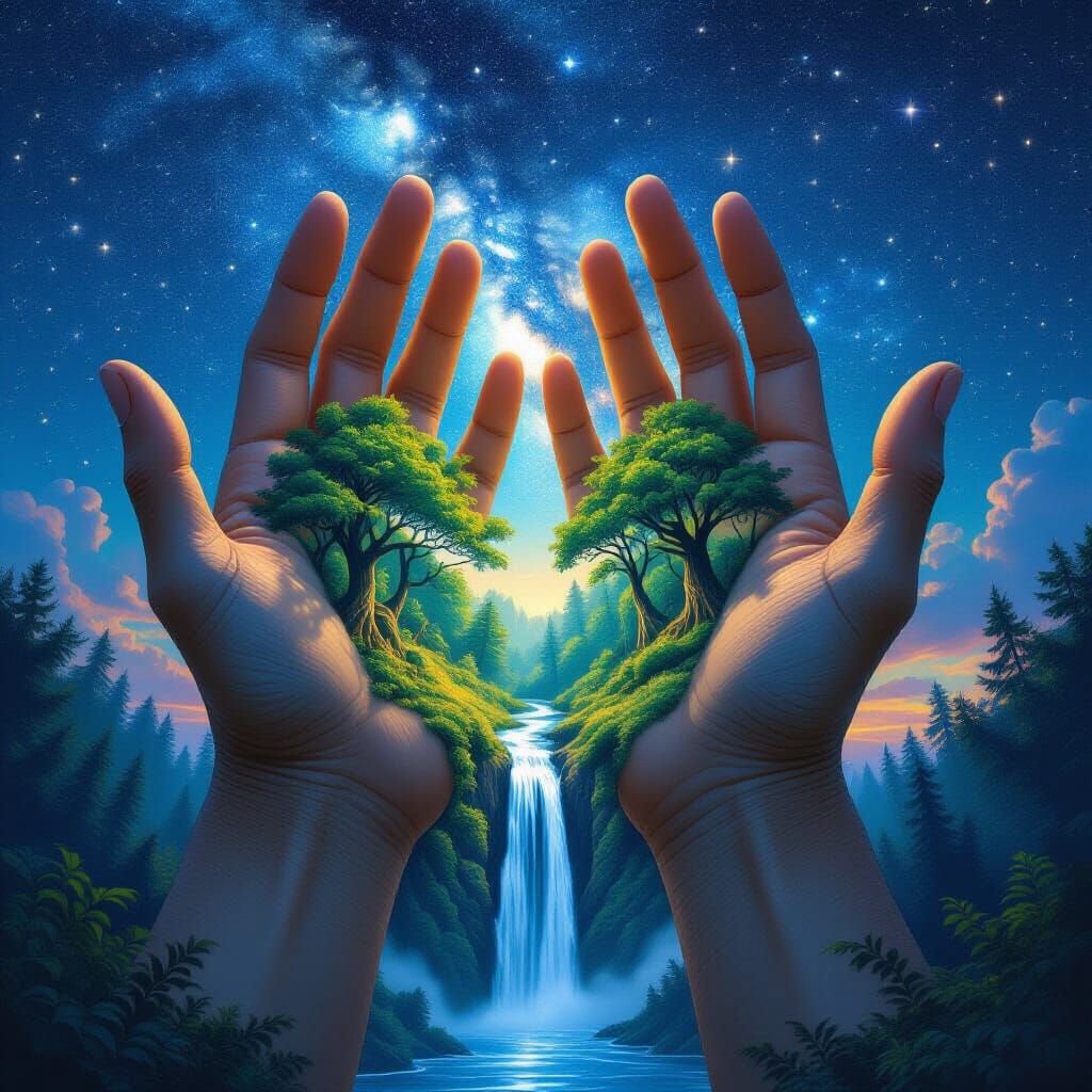 Enchanted Forest in Giant Hands Under Starry Sky