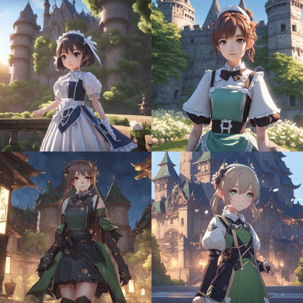 Anime Girl in Maid Dress at Castle, Detailed 3D Art
