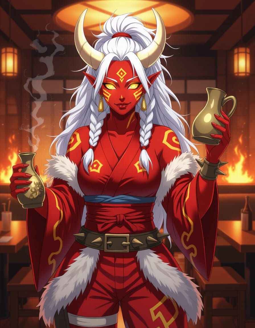 Towering Oni Woman in Starship Mess Hall