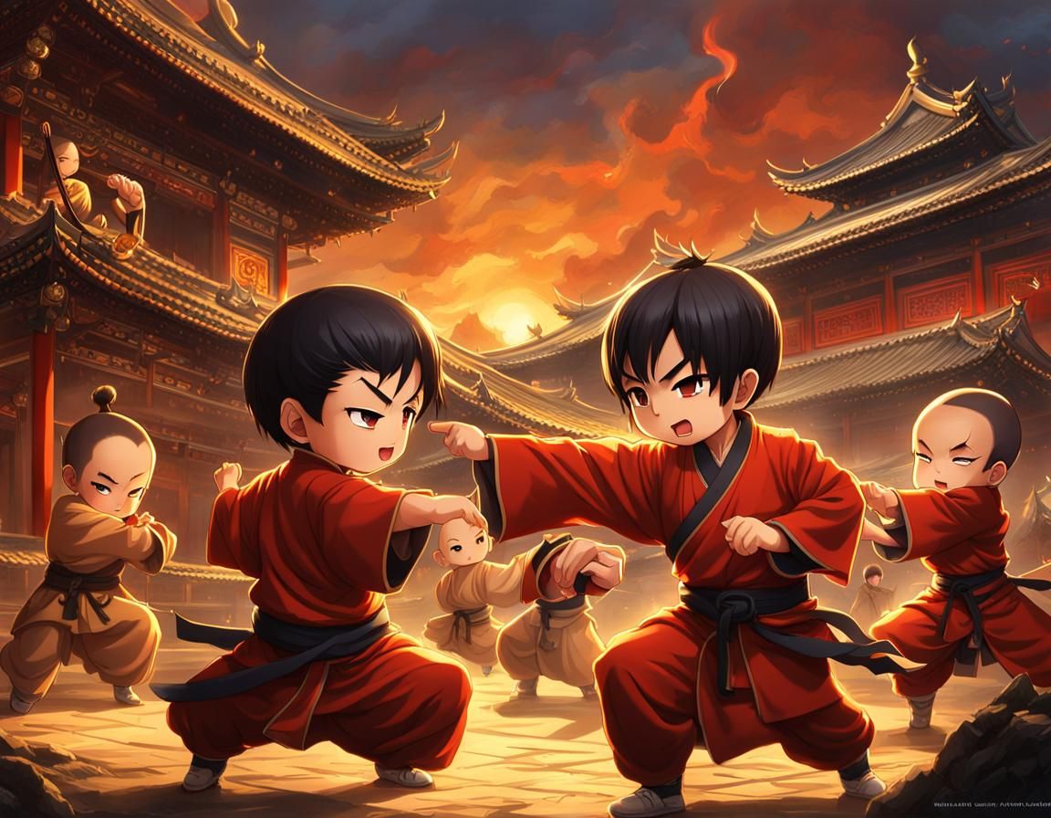 Chibi Shaolin Monks Practicing Kung Fu in Anime Style