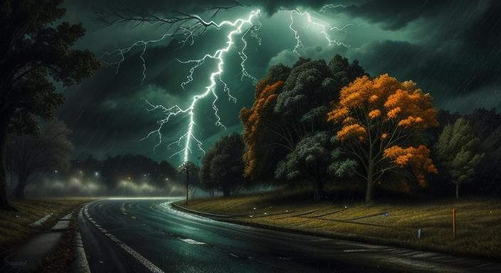 Stormy Night: Abstract Expressionist Painting of a Neighborh...