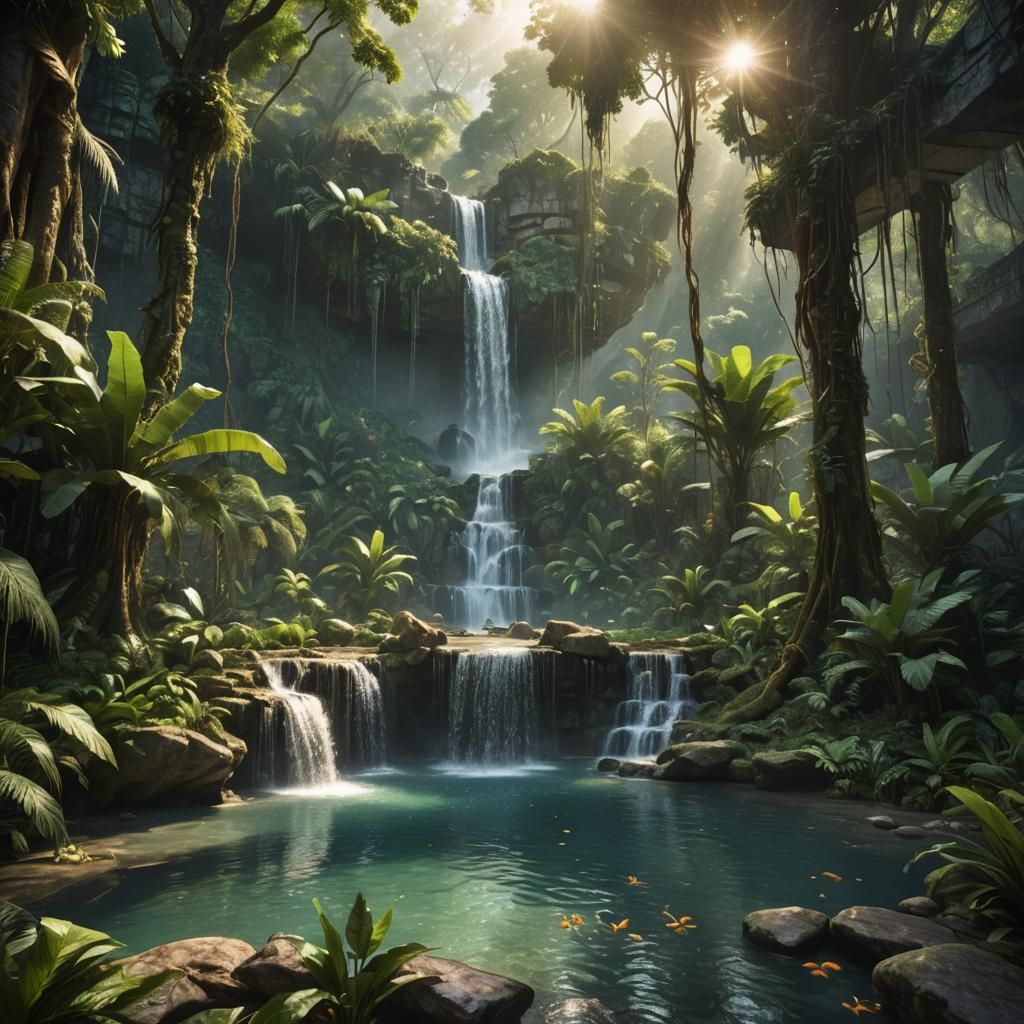 Lush Jungle Waterfall Digital Matte Painting