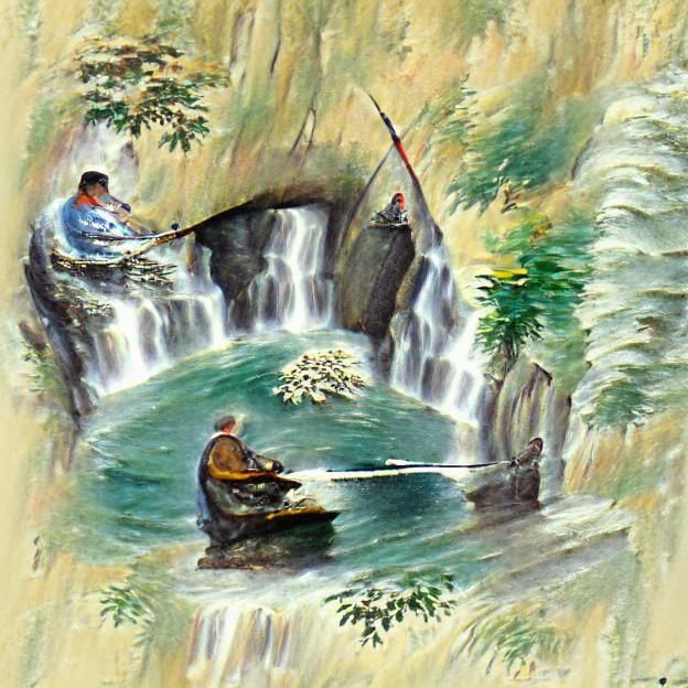 Peaceful Fisherman by Waterfall in Small Boat