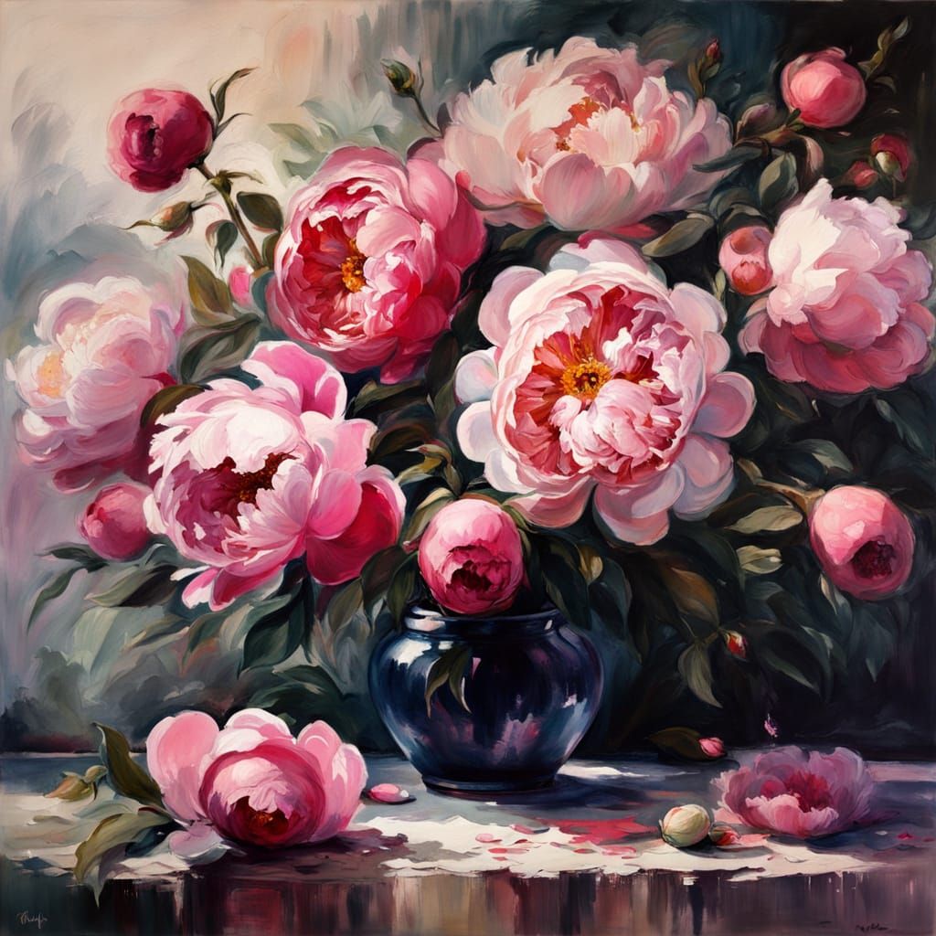 Pink Peonies and Roses Gouache Painting