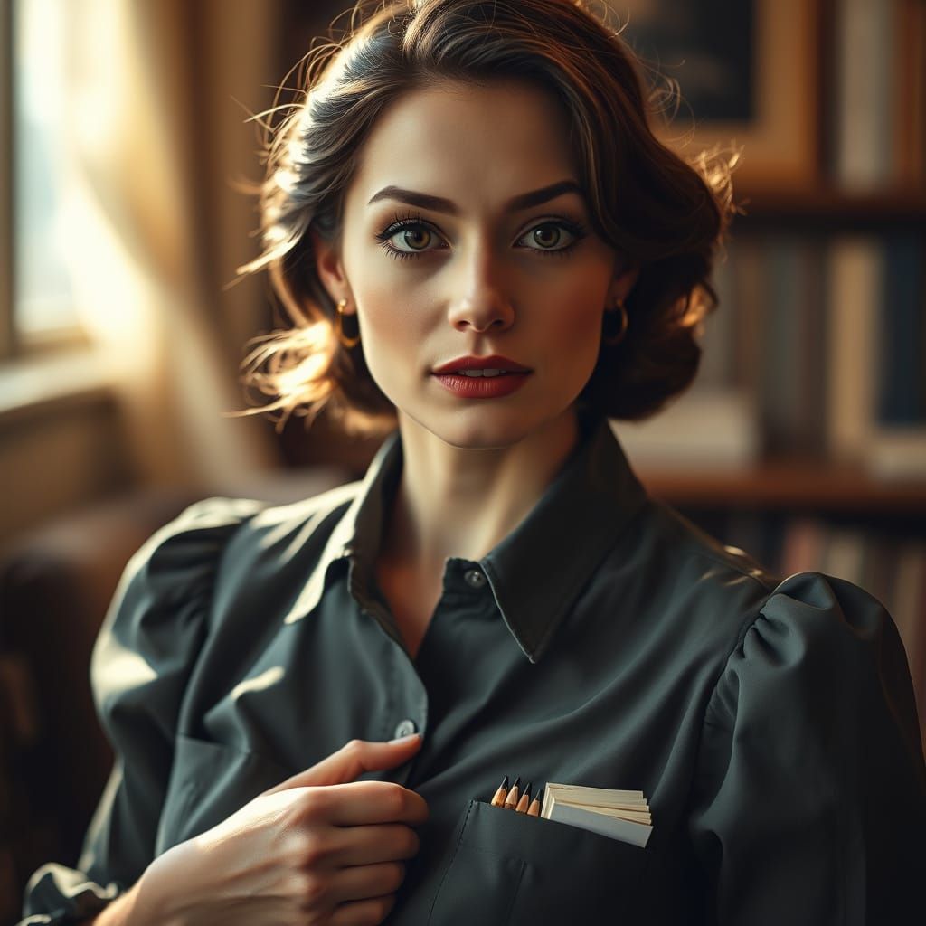 Bookish Elegance: Woman in Puffed Sleeves, Cinematic Portrai...