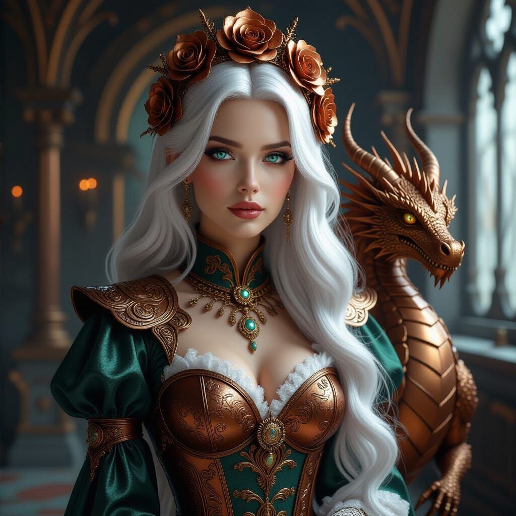 Steampunk Gothic Woman with Dragon in Ornate Room