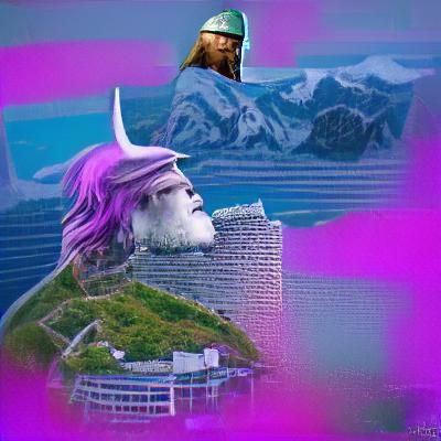 Viking on Mountaintop in Vaporwave Style