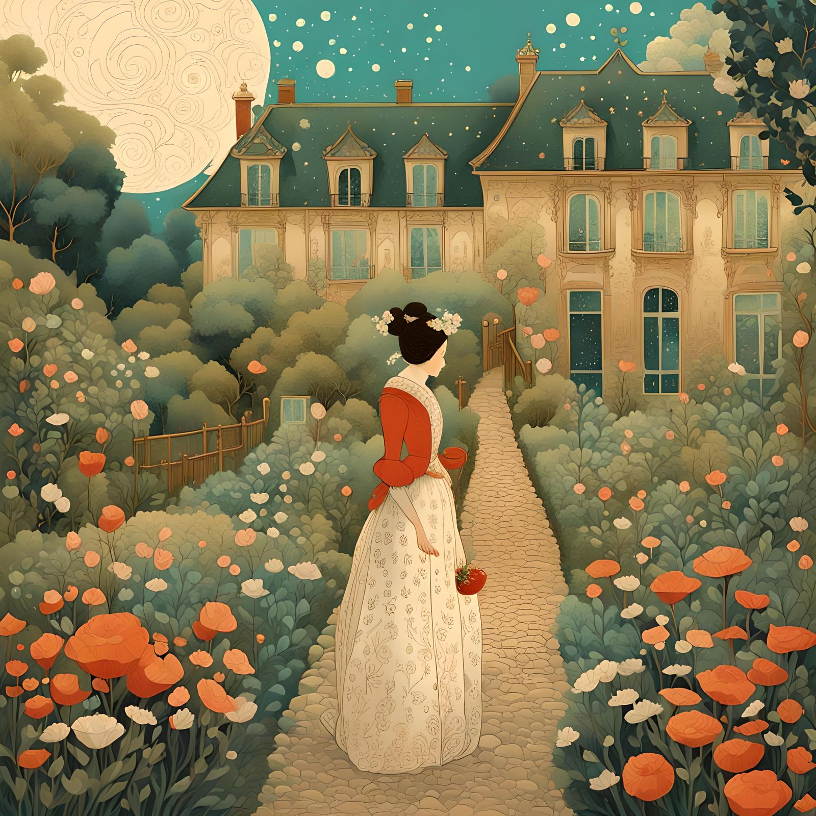 Madame Bovary in Normandy Garden, Watercolor Illustration