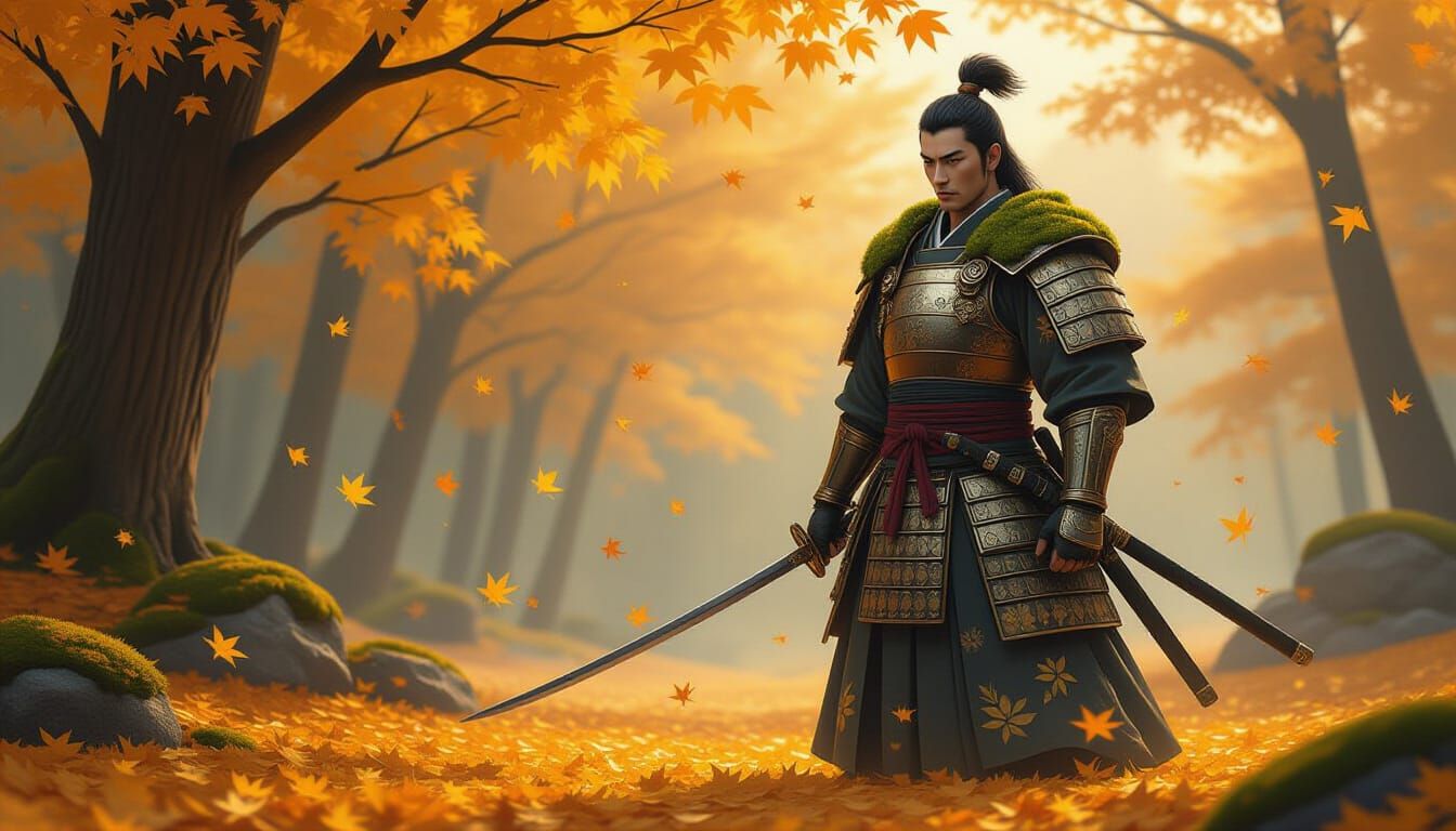Samurai's Autumn Vigil in Magical Realism Style