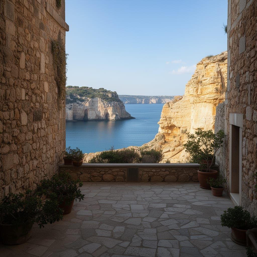 Quiet Courtyard Views Bright Coastal Cliffs