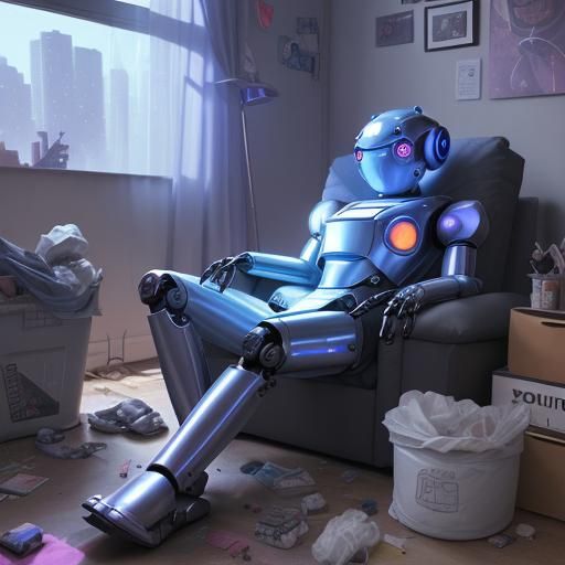 Lazy Robot Lounging in Cluttered Dorm, Astral Illustration