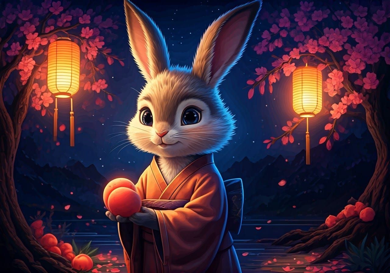 Cute Bunny Gathering Peaches Under Lantern Light