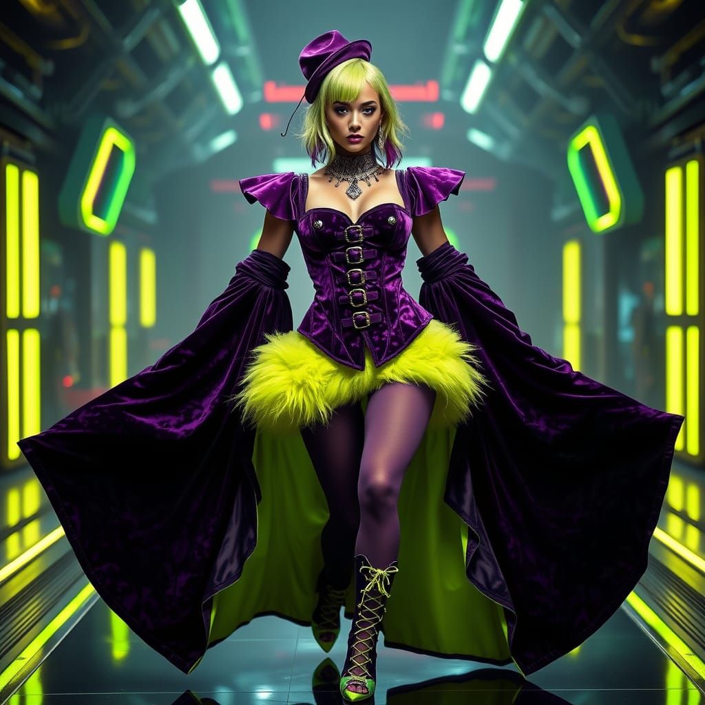 Androgynous Model in Futuristic Corseted Outfit with Neon Ac...