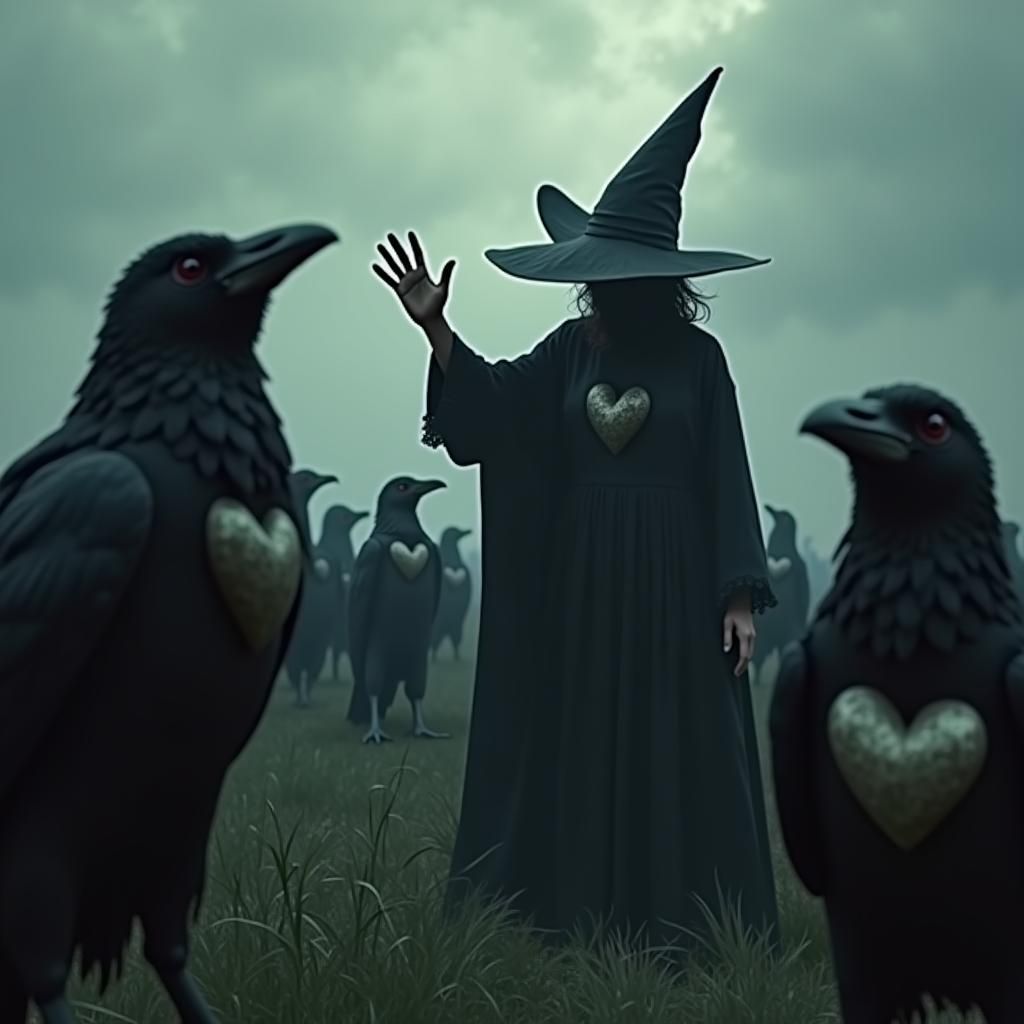 Witch Waving at Crows with Stone Hearts
