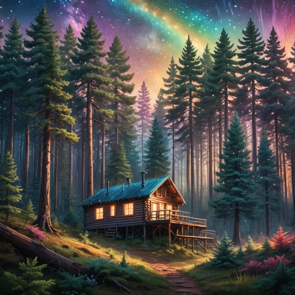 Cosmic Cabin in Pine Forest with Astral Lights