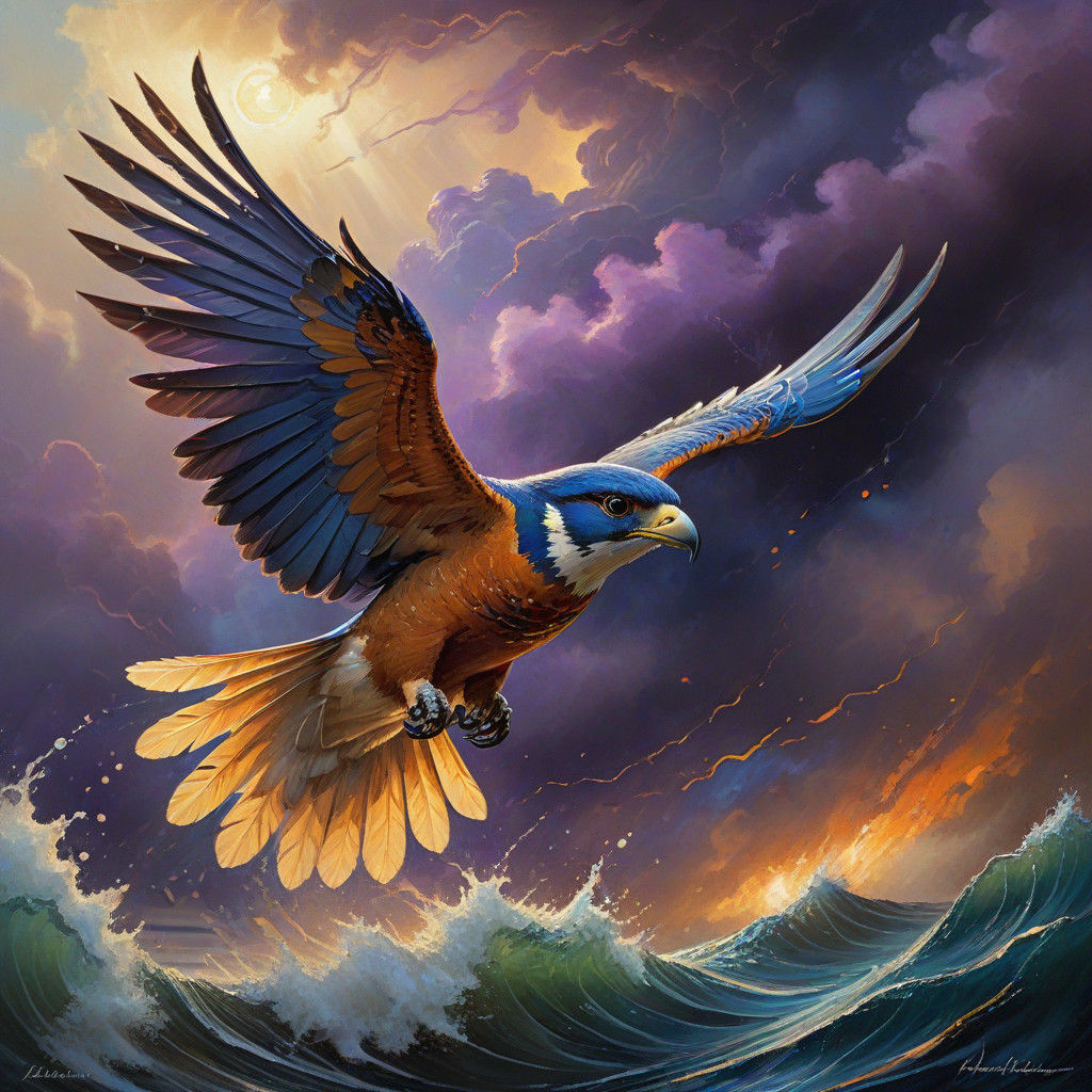 Thunderbird Soars Through Stormy Skies in Neo-Impressionist...