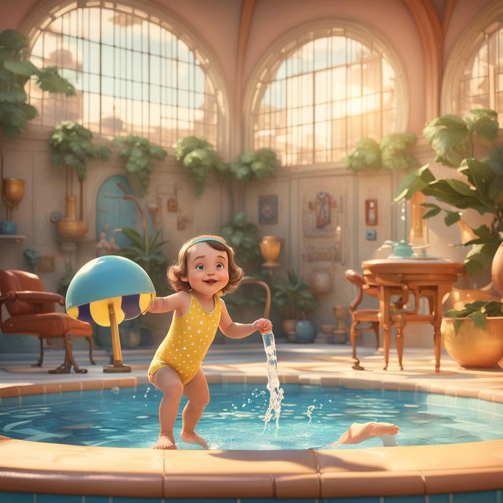 Art Deco Swimming Pool Scene in 3D Style