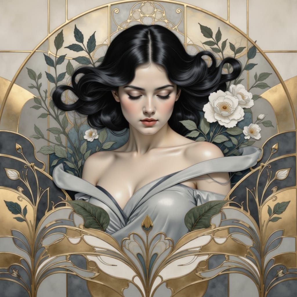 Art Deco Botanical Composition in Charcoal and Ivory