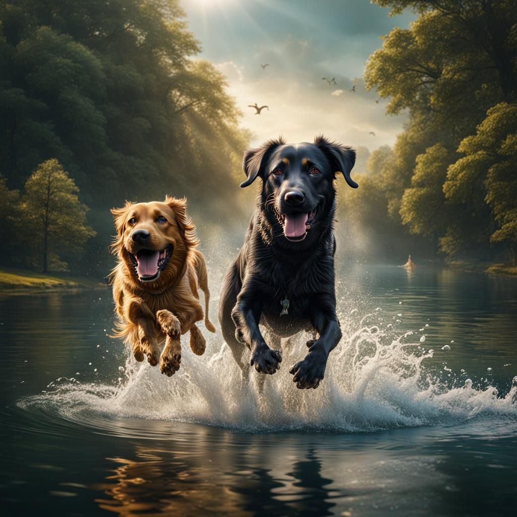Dogs Play Fetch in Lake: Matte Painting Style