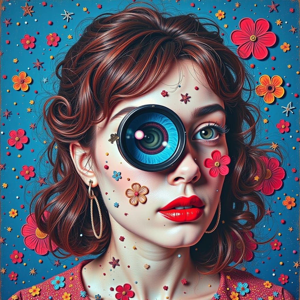 woman, impasto, hypervigilance, one eye is a camera lens <lo...