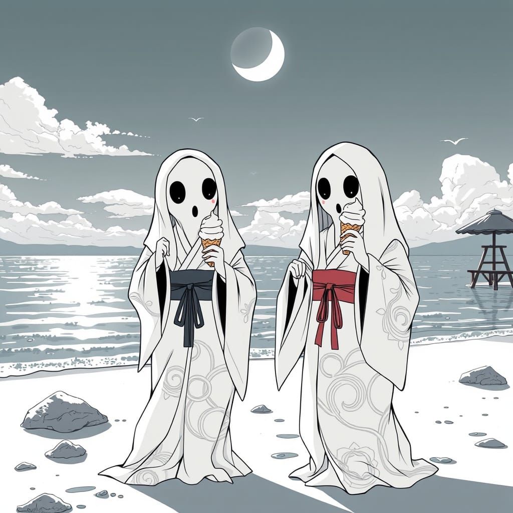 Ghosts Enjoying Beach Ice Cream in Anime Style