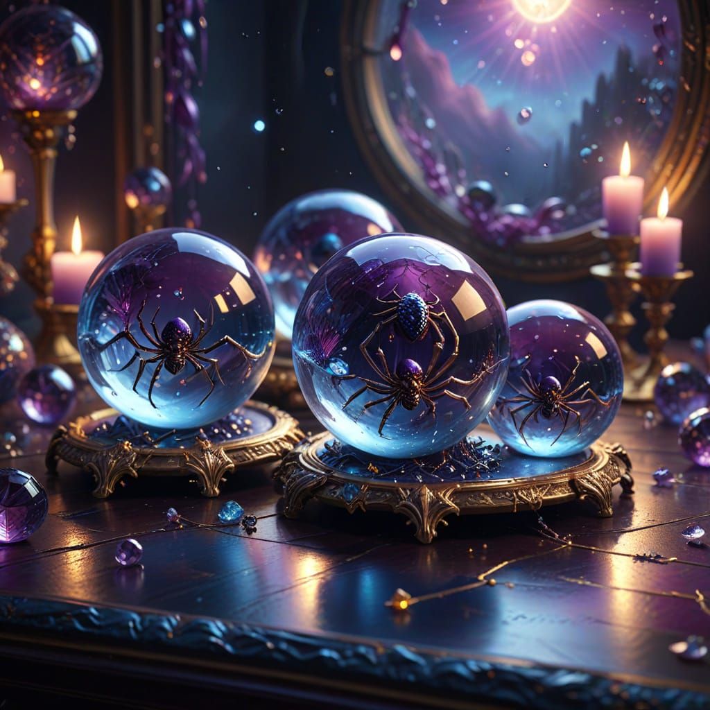 Mystical Crystal Balls with Spiders, Oil Painting