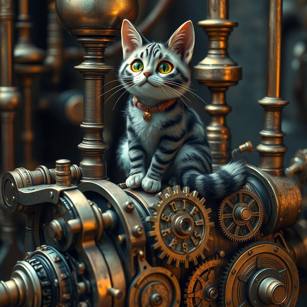 Whimsical Steampunk Cat in Victorian Fantasy Setting