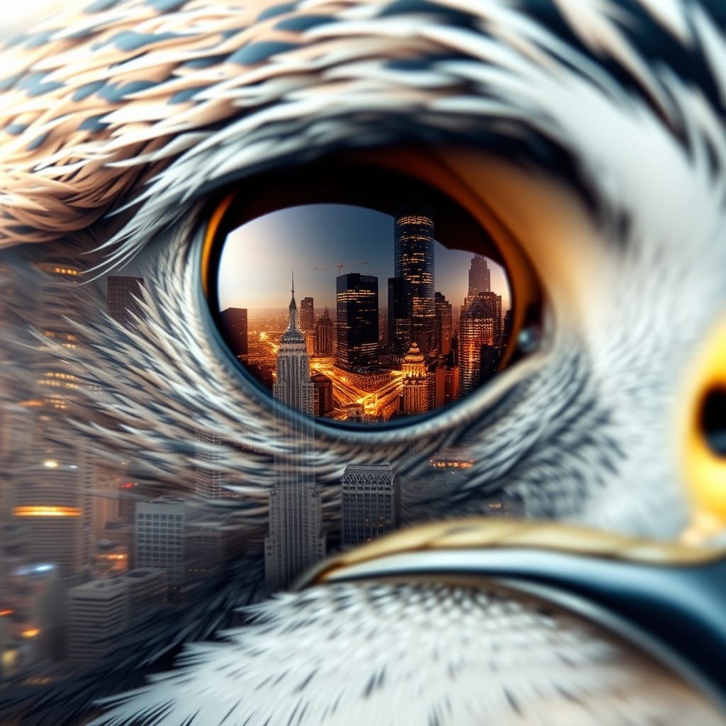 Futuristic Metropolis Reflected in Falcon Eye