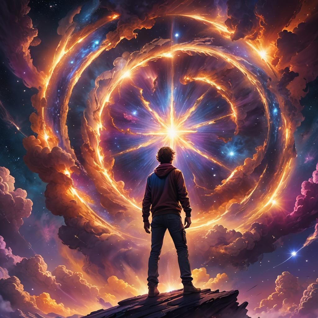 Man Before Glowing Star: Cosmic Digital Art