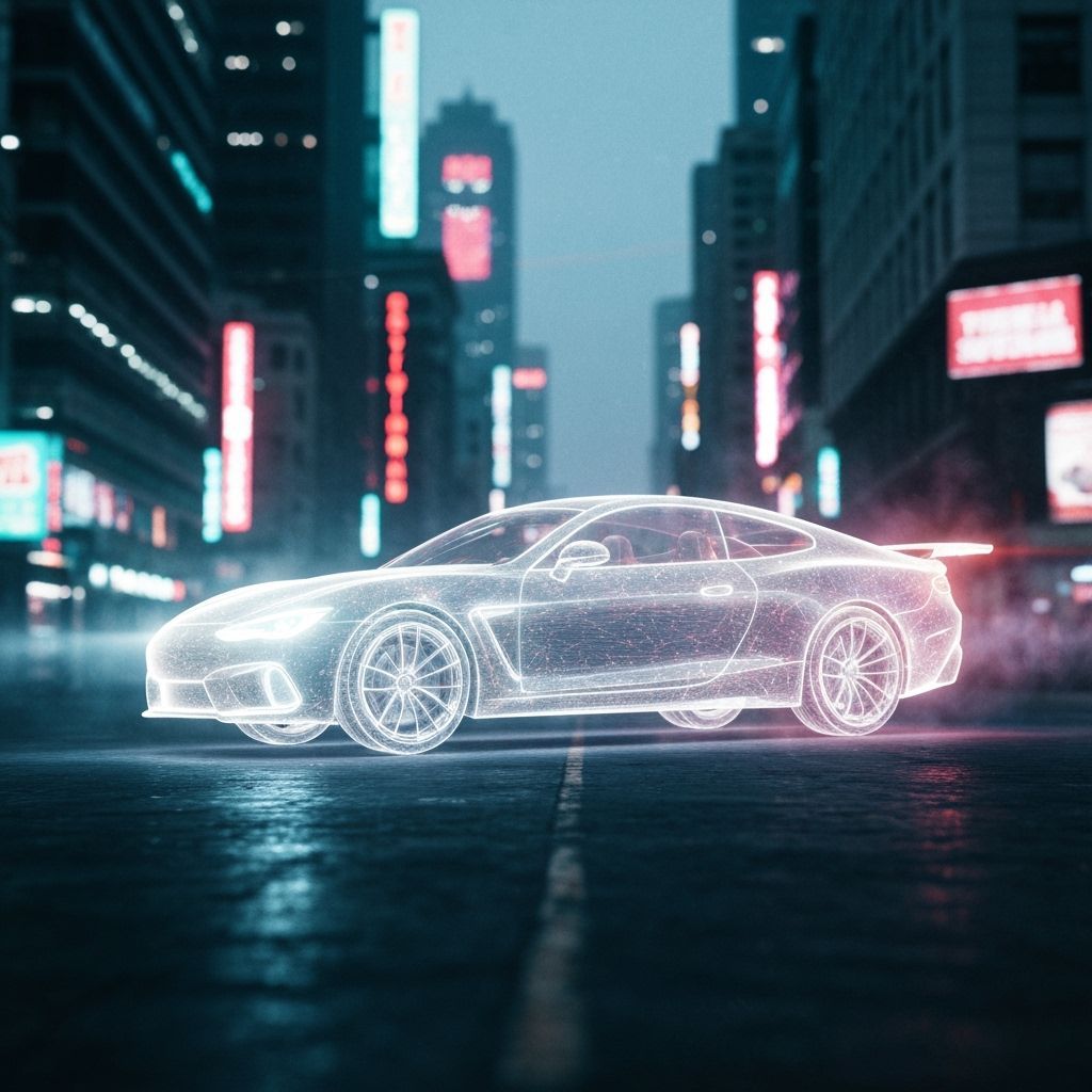 Invisible Car Hovering in Cityscape with Ethereal Glow