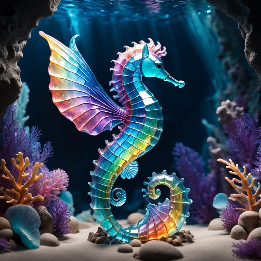 Mythic Seahorse Sculpture of Zephyra in Sea Glass