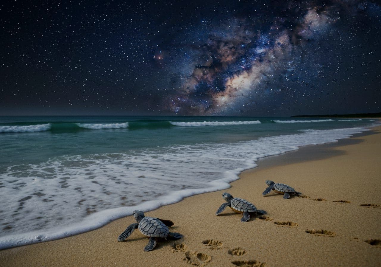 Baby Sea Turtles Journey Under Starry Sky