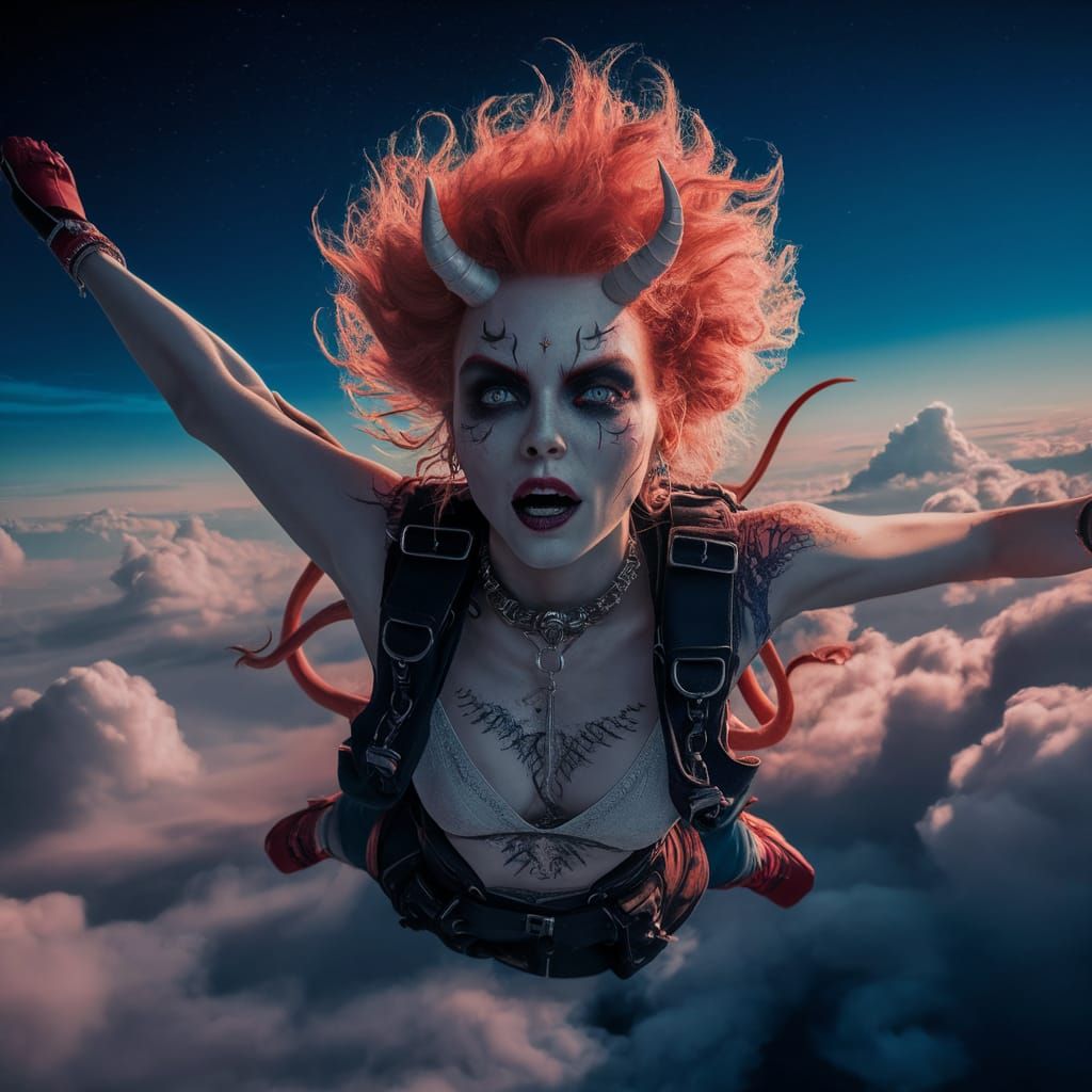 Pale redhead female demon rocker soars through night sky