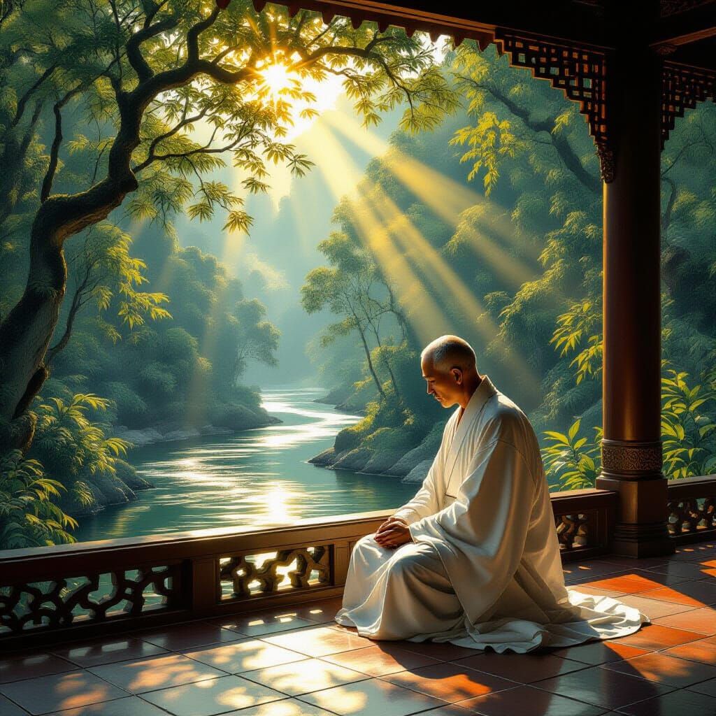 Elderly Man Kneels at Ancient Temple in Ethereal Sunlight