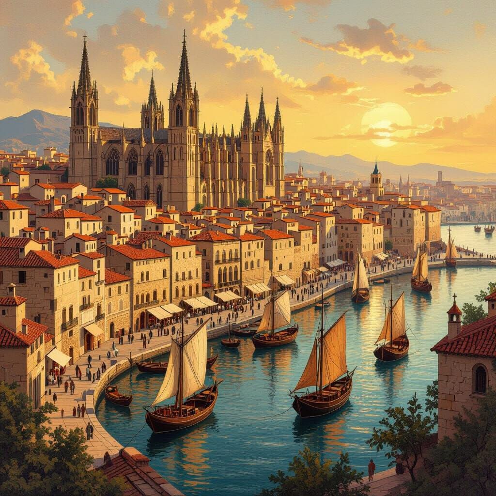 15th Century Barcelona Cityscape in Golden Hour Light
