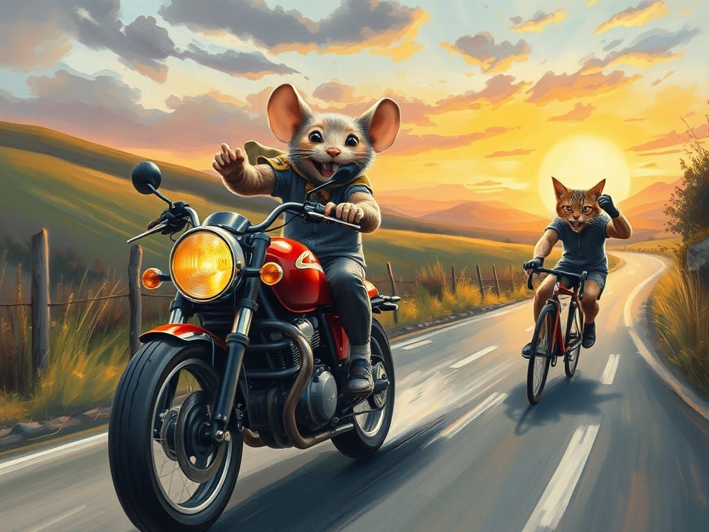 Joyful Mouse Overtakes Angry Cat on Country Road in Gouache ...