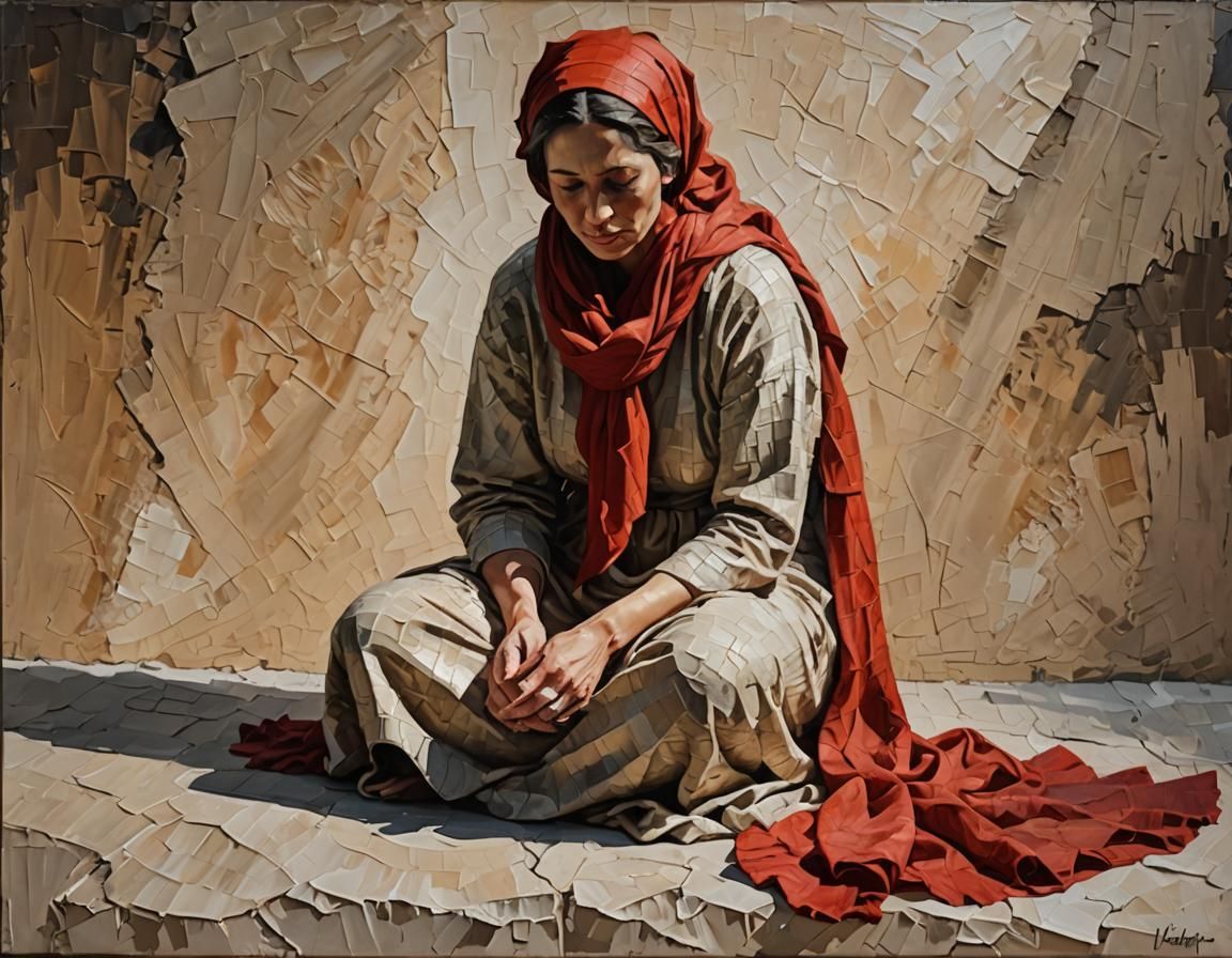 Contemplative Woman in Impasto Painting with Red Veil