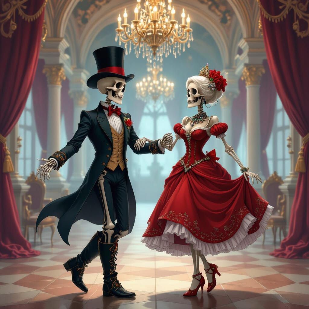 Skeletons Waltzing in Baroque Castle Ballroom