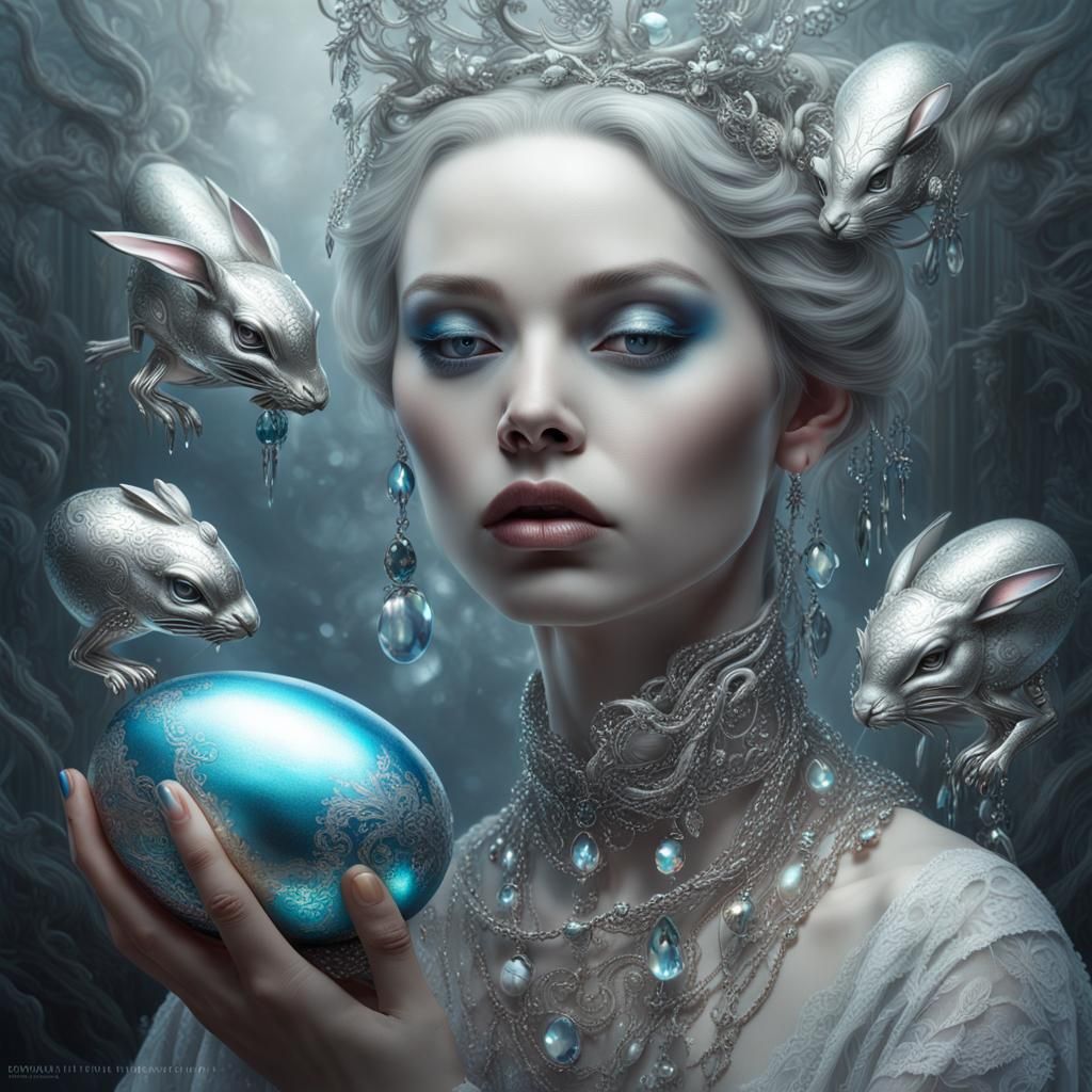 Pale Woman with Silver Eggs and Bunny Dragon Creature