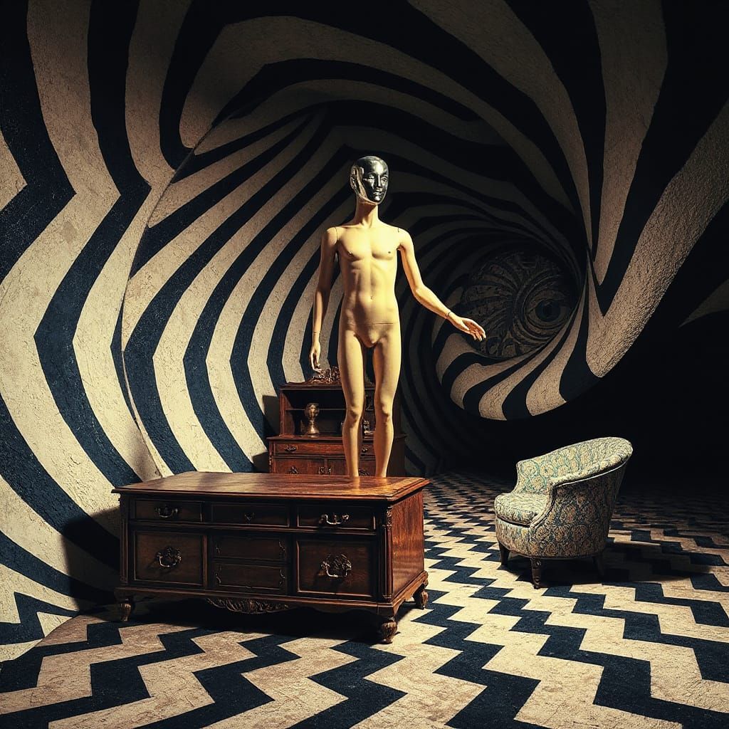 Surreal Dreamscape with Mirror Mannequin and Op Art